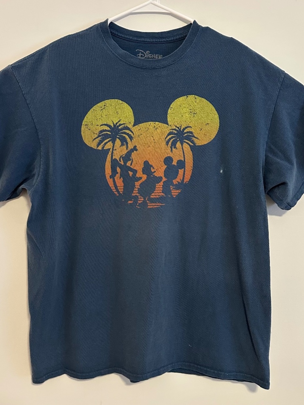 Mickey Mouse Palm Trees Sunset Graphic Print T-Shirt XL Blue Y2K Short Sleeve
